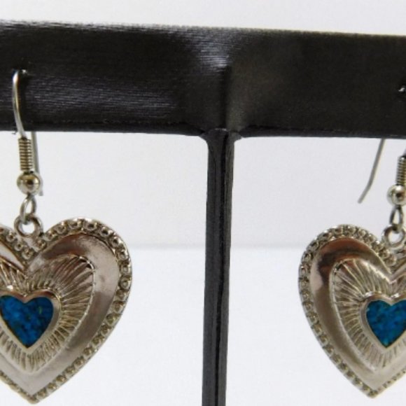 Triple Heart, Fish Hook Earrings, Silvertone, Faux Turquoise Center, Christmas - Picture 2 of 8
